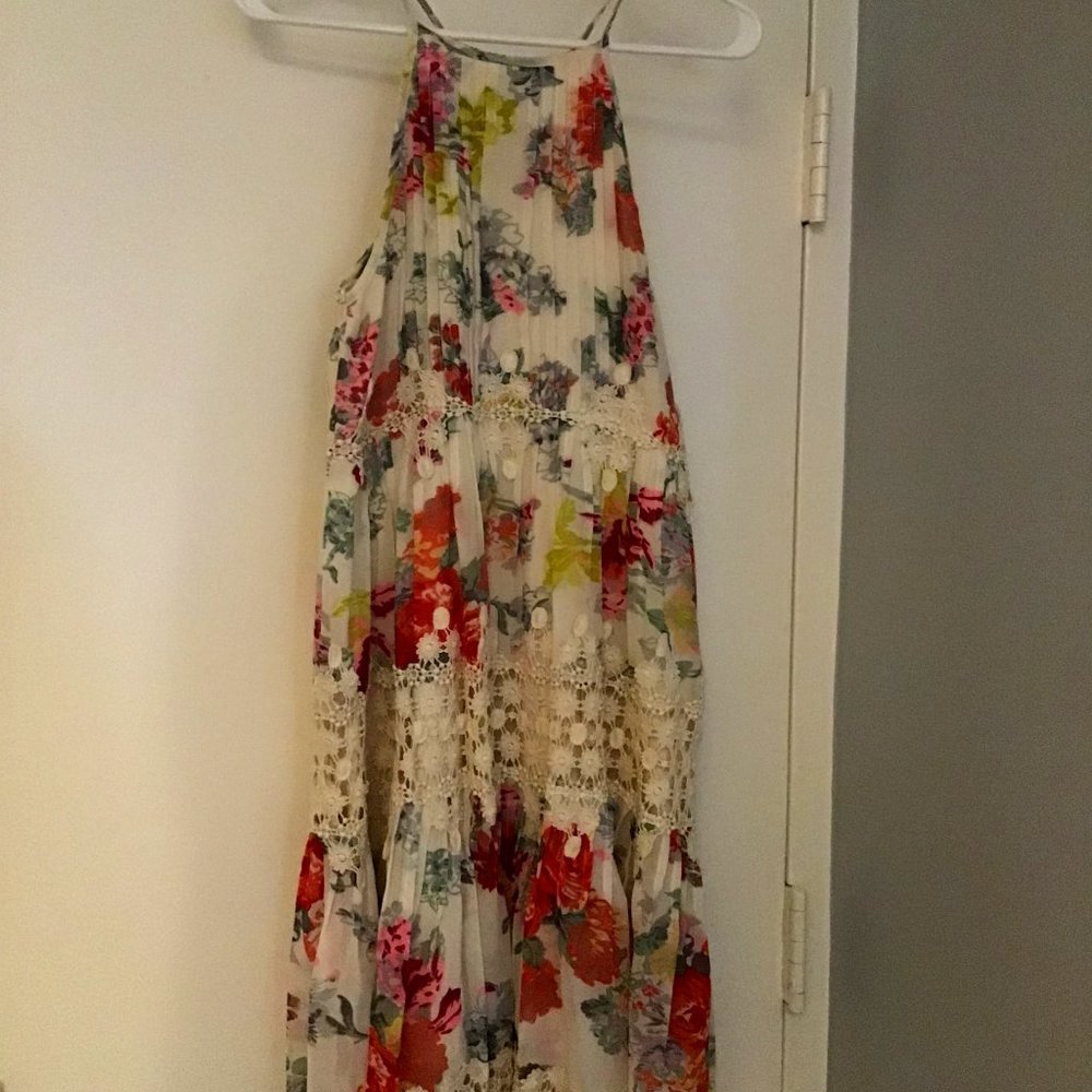 Anthropology Summer Dress, XS, cream with floral design and crochet, sleeveless